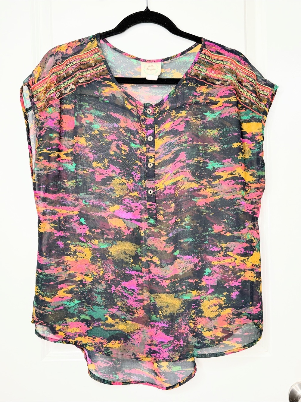 Belle du Jour Womens XL Sheer Abstract Print Blouse Beaded Hi Low Boho Top